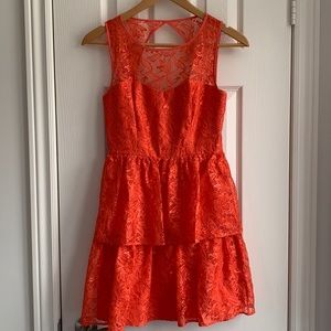 Maxandcleo coral lace ruffle dress open back sz 2